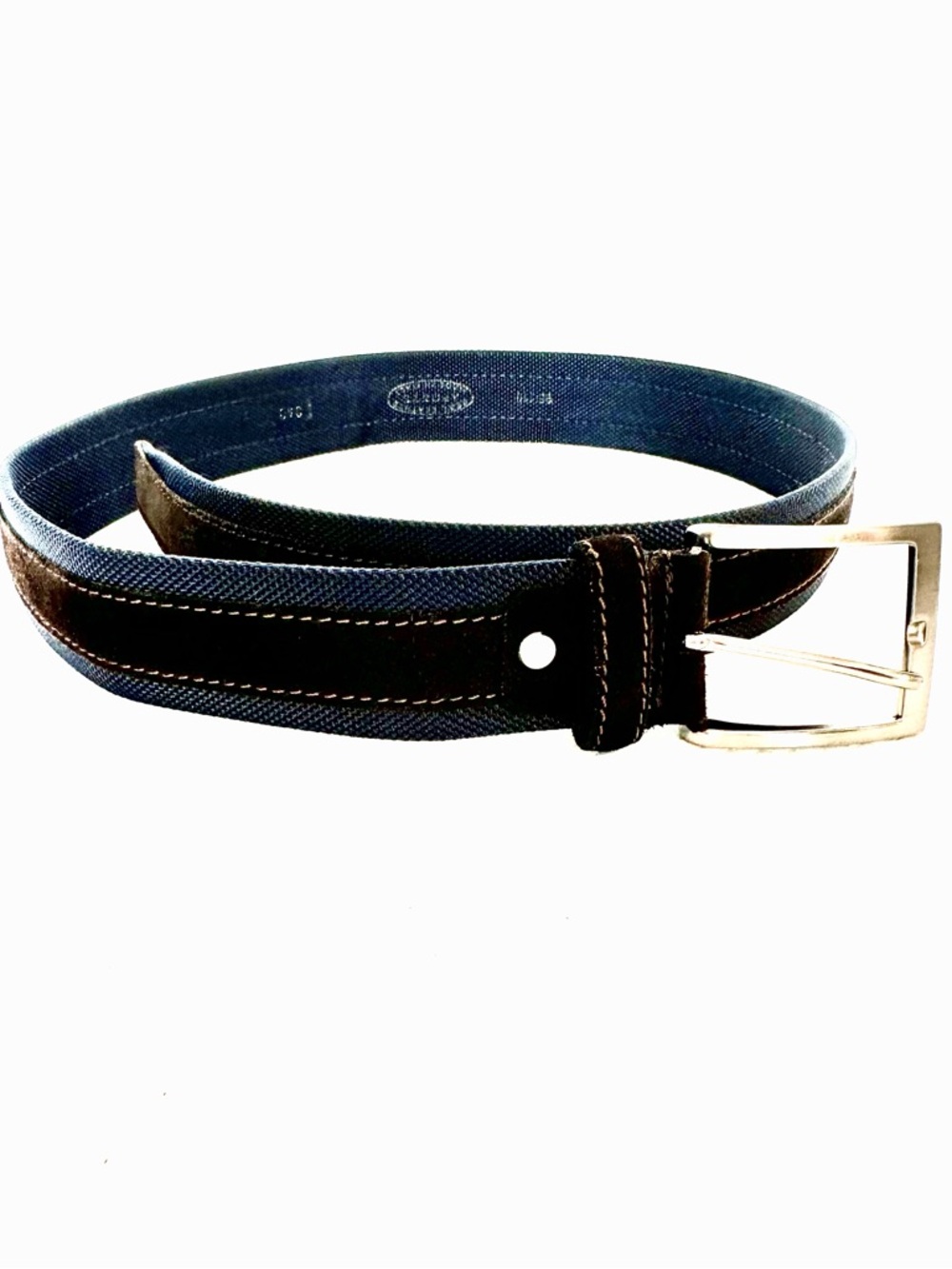 Aponte Made in Italy Navy Canvas Belt with Dark Brown Suede &‎ Silver Buckle